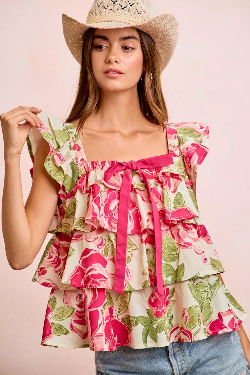 BiBi Floral Print Woven Bow Tie Ruffle Square Neck Top - Lilixa.store
