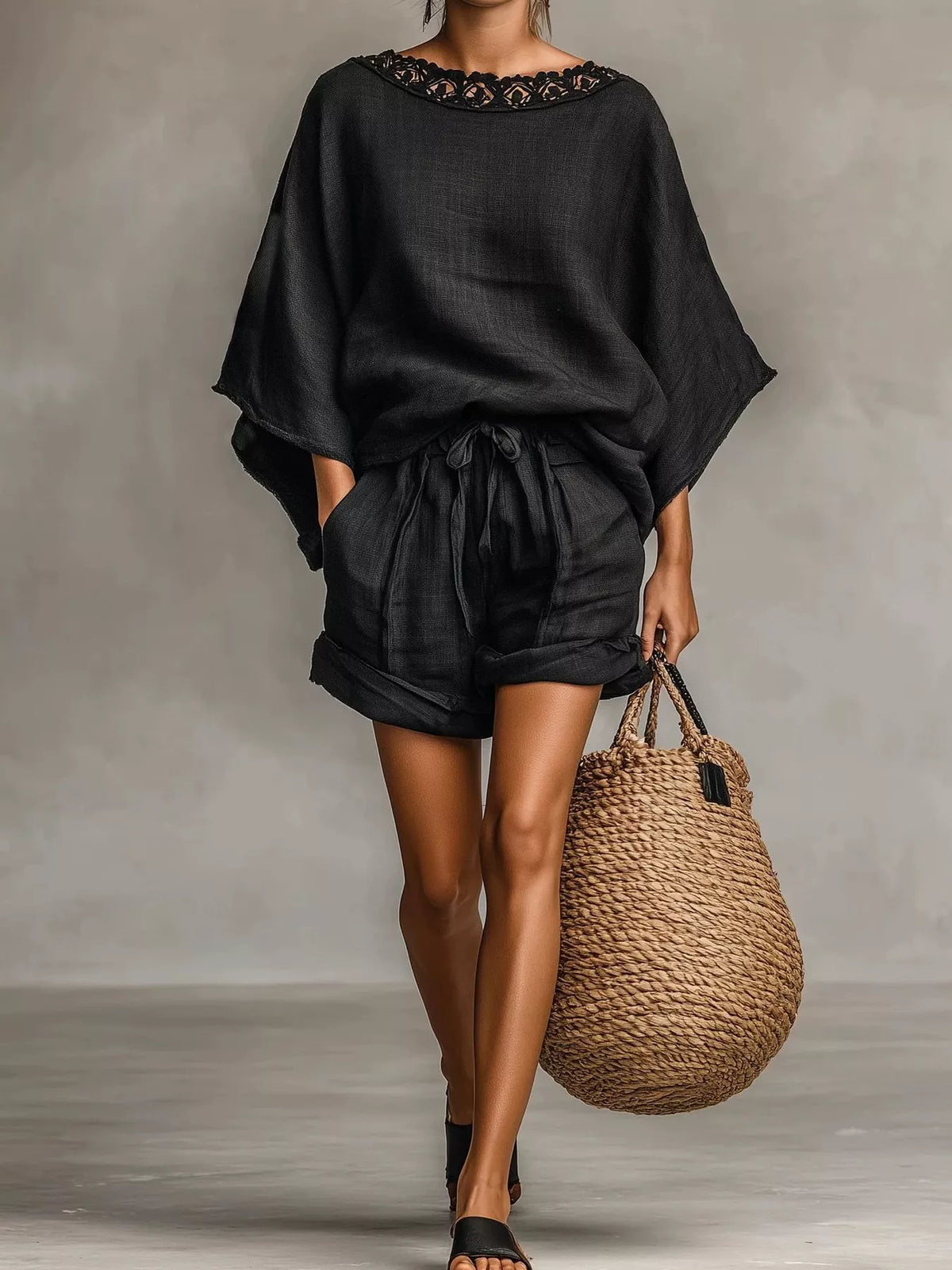 Lace Trim Top and Drawstring Shorts Set in Black
