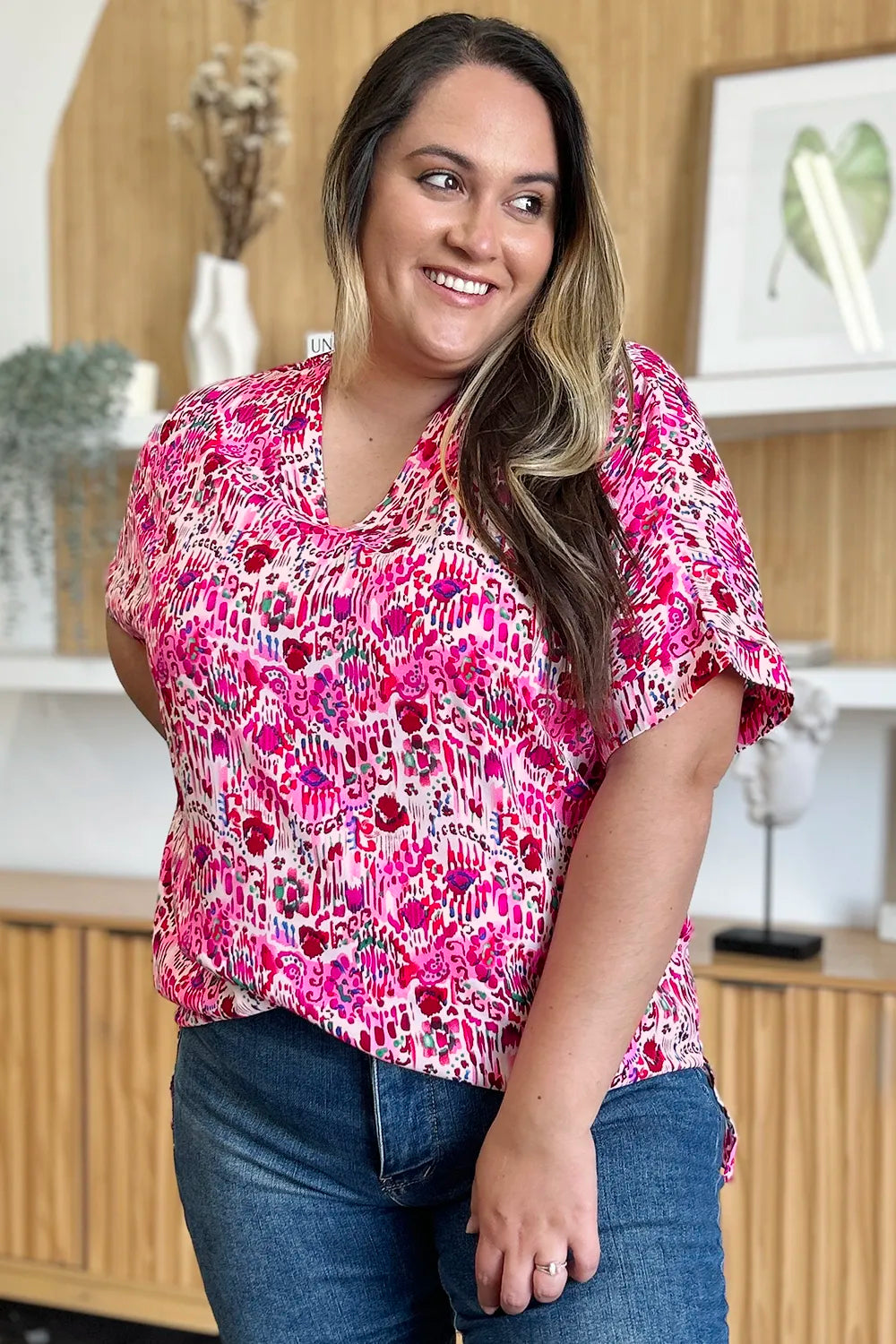 Double Take Full Size Printed V-Neck Short Sleeve Blouse - Lilixa.store