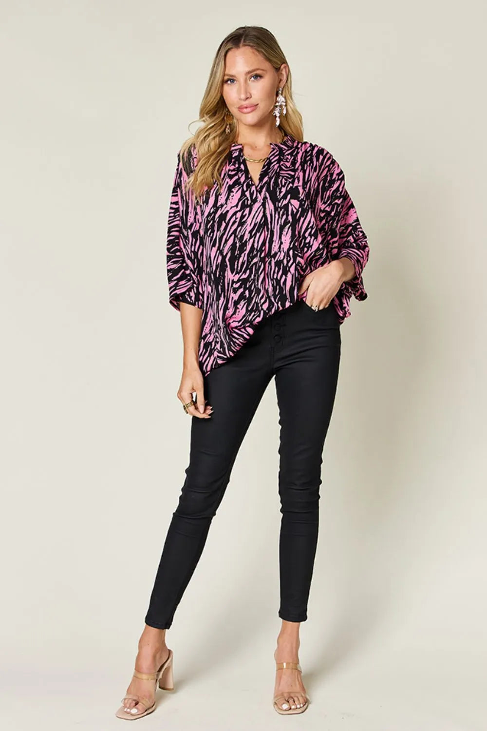 Double Take Full Size Printed Notched Three-Quarter Sleeve Blouse in Pink, view 4