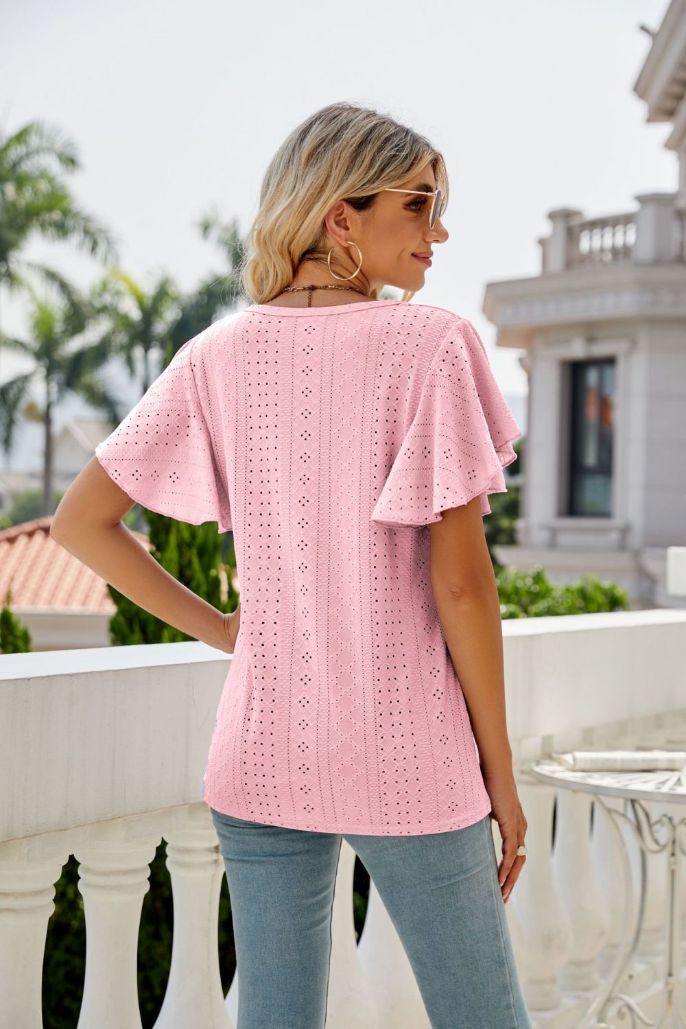 Eyelet Flutter Sleeve Round Neck Top, view 9