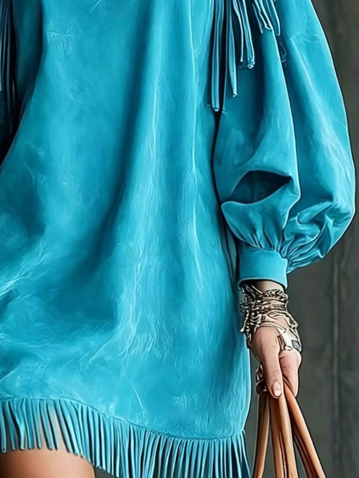 Fringe Detail Lantern Sleeve Mini Dress - Lilixa.store