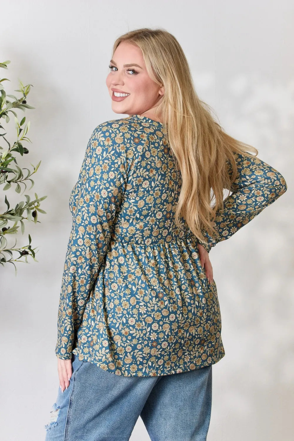 Heimish Full Size Floral Half Button Long Sleeve Blouse - Lilixa.store