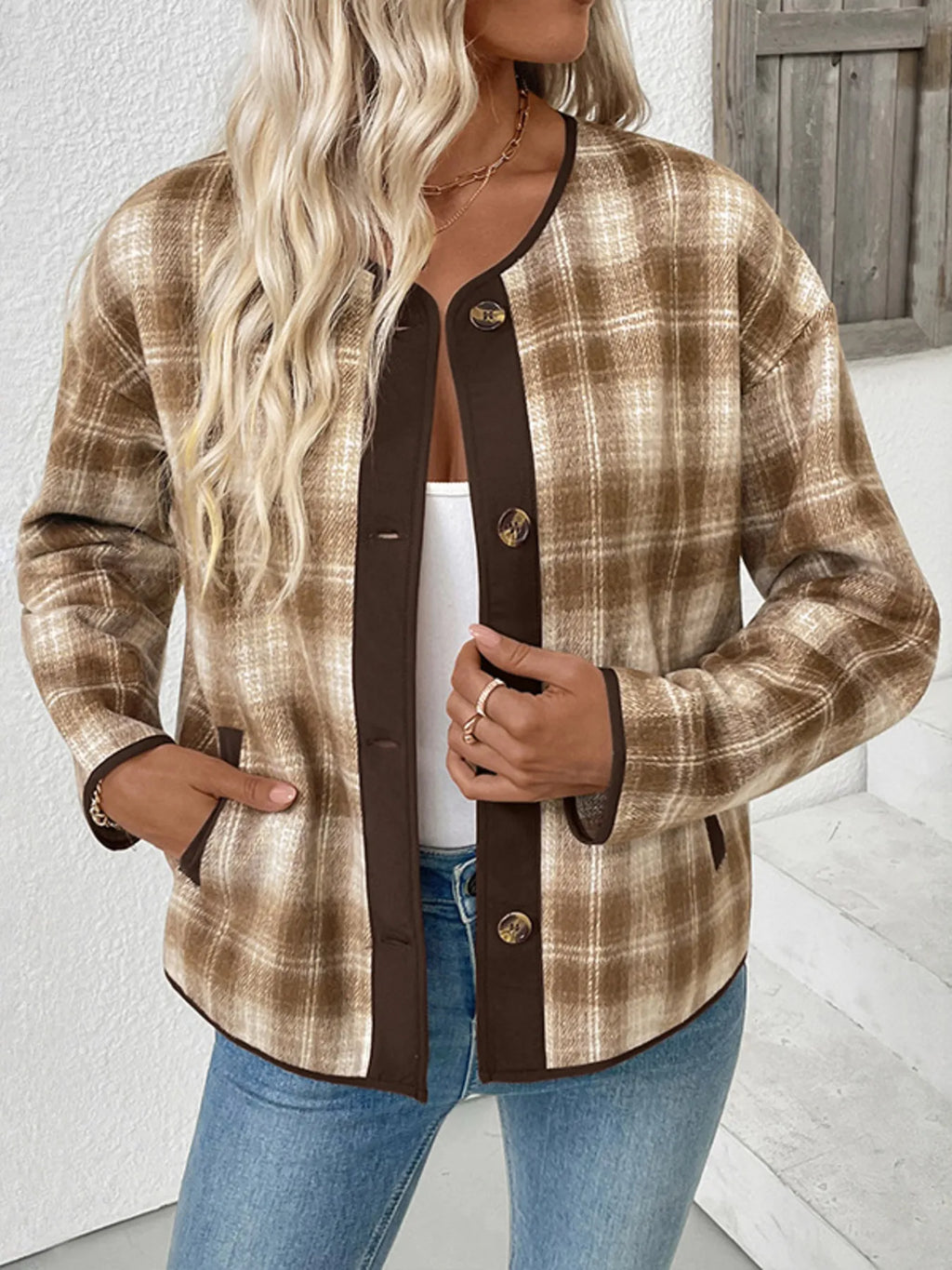 Plaid Long Sleeve Button-Up Jacket - Lilixa.store