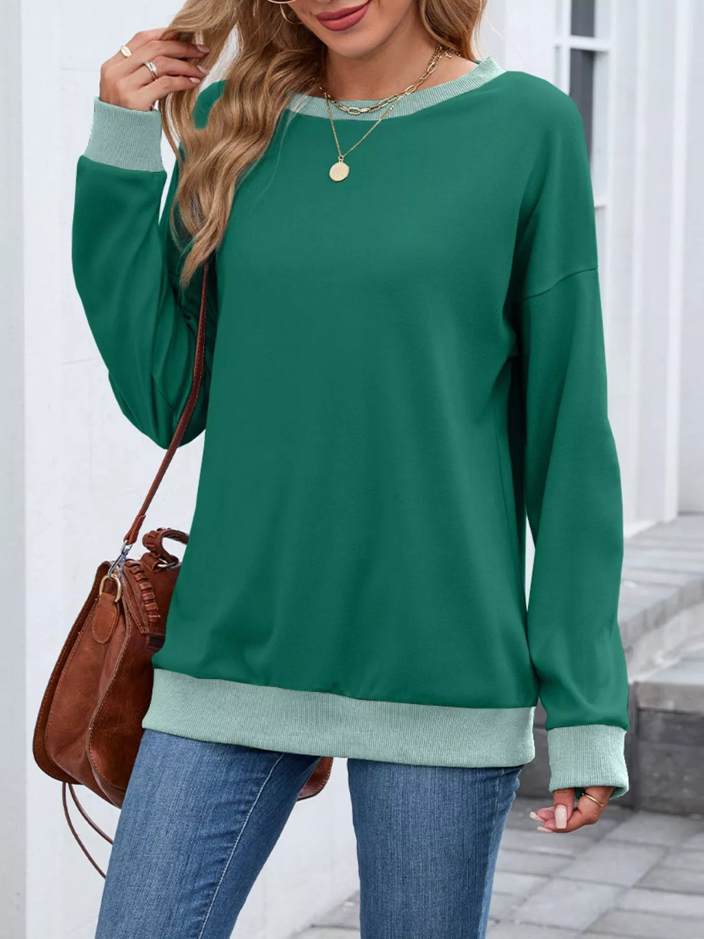 Contrast Trim Long Sleeve Sweatshirt - Lilixa.store
