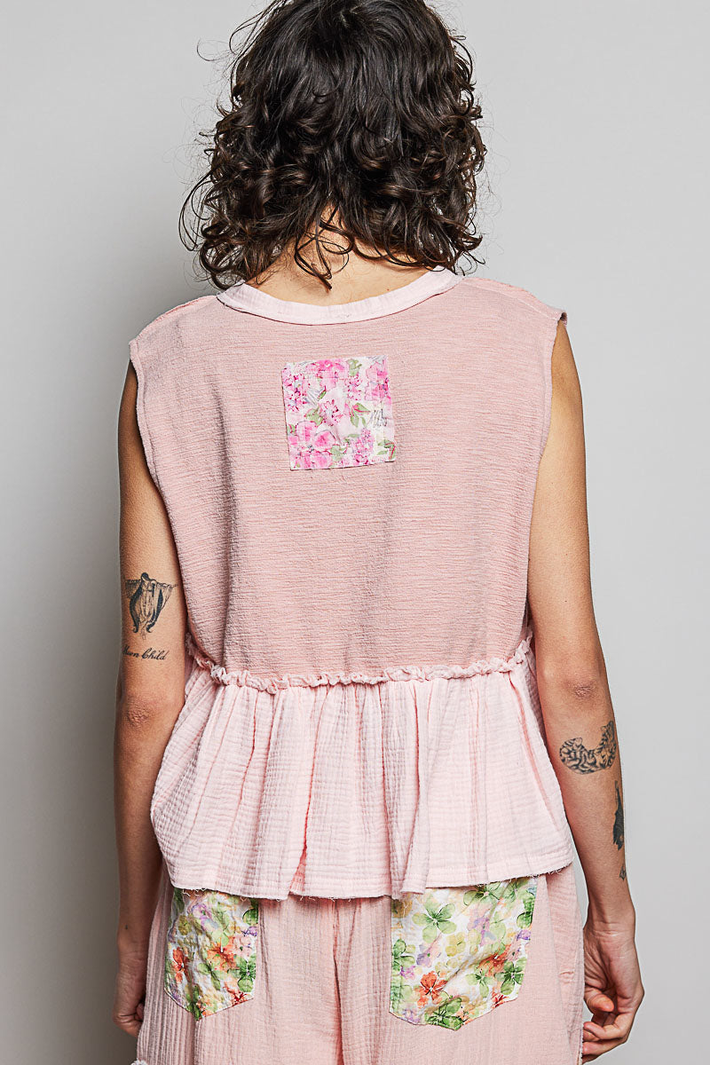 POL Floral Patch Ruffled Sleeveless Top with Raw Edge Detail - Lilixa.store