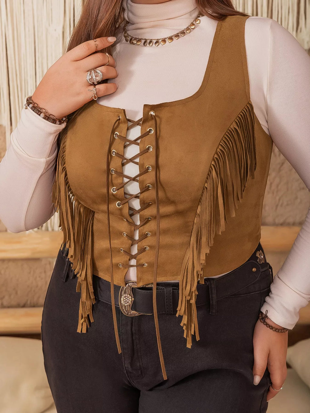 Plus Size Fringed Lace-Up Suede Vest - Lilixa.store