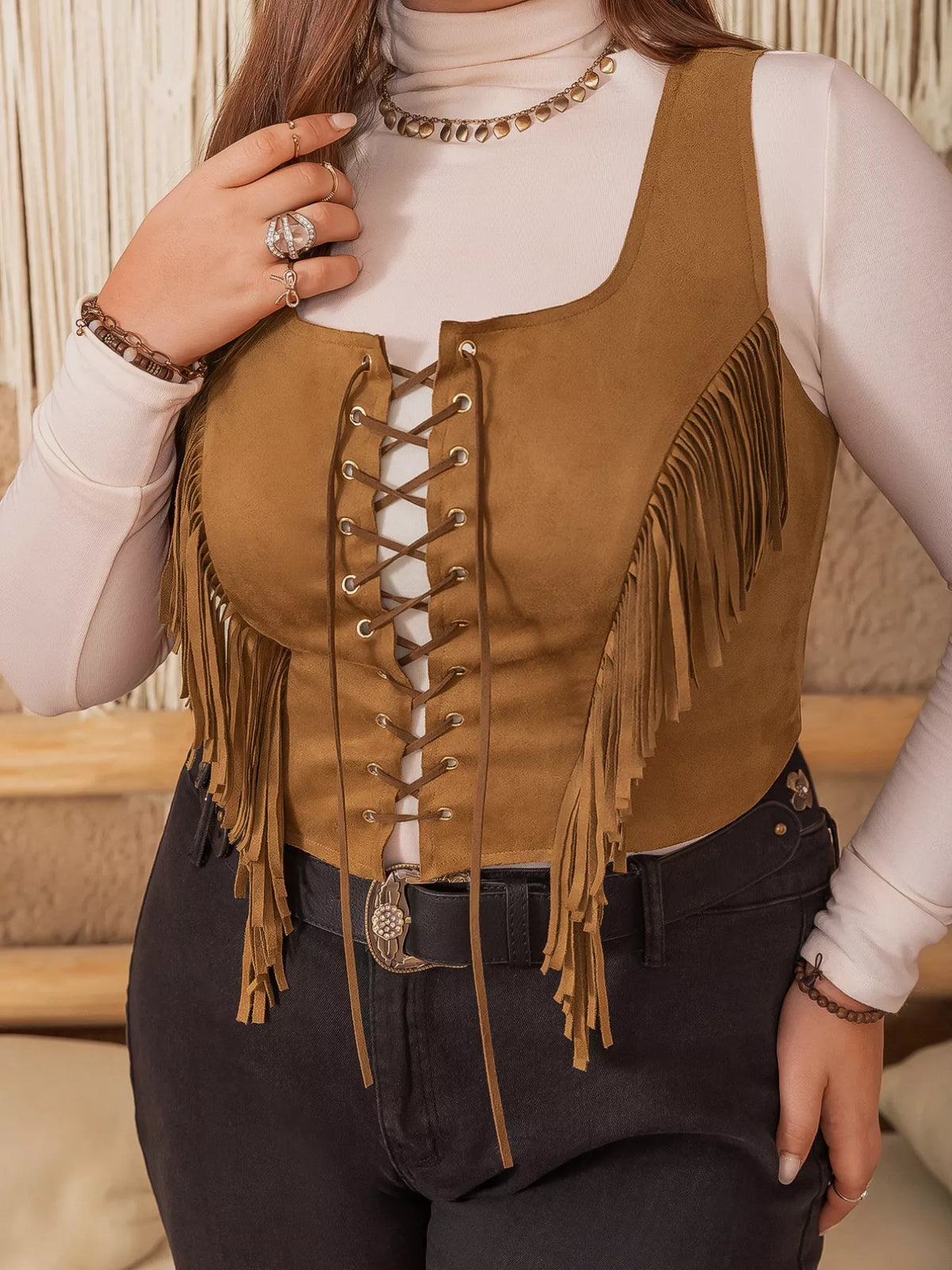 Plus Size Fringed Lace-Up Suede Vest