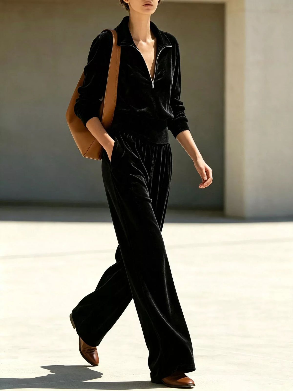 Full Size Quarter-Zip Top and Wide-Leg Pants Set Plus Size, view 5
