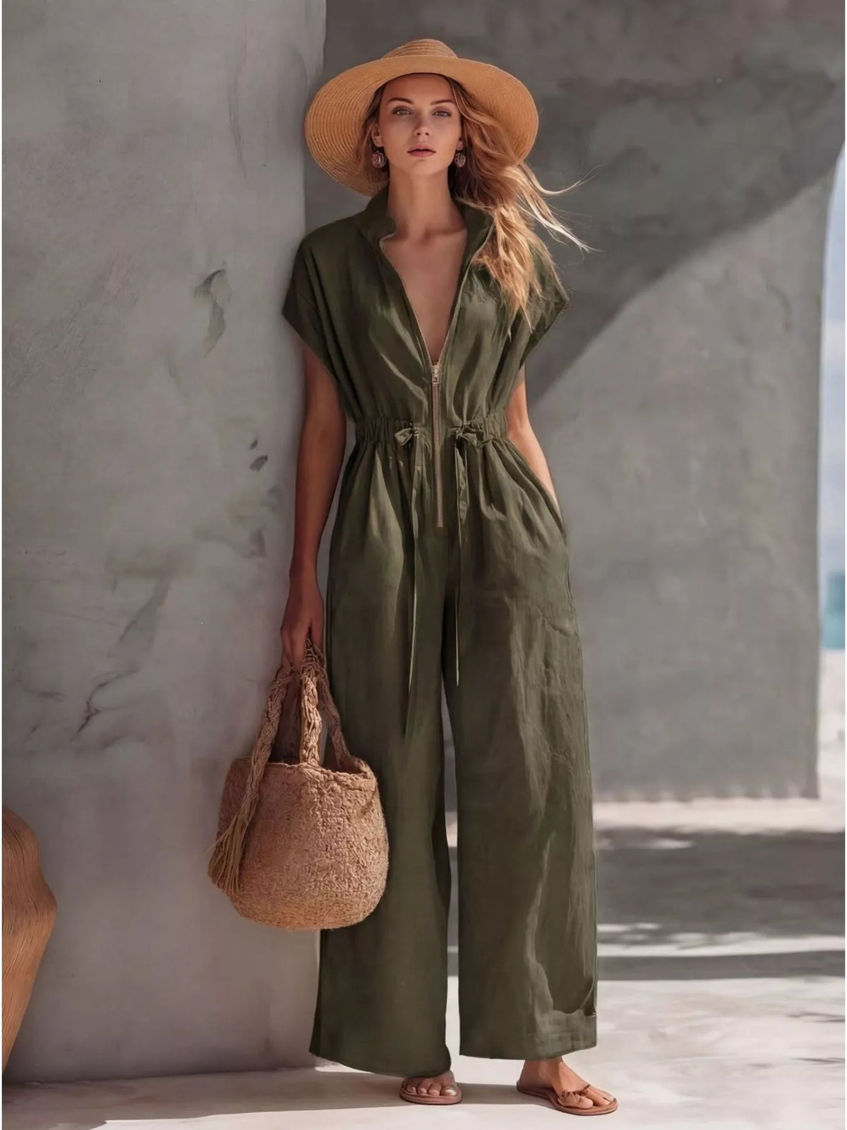 Zipper Front Wide Leg Jumpsuit - Lilixa.store