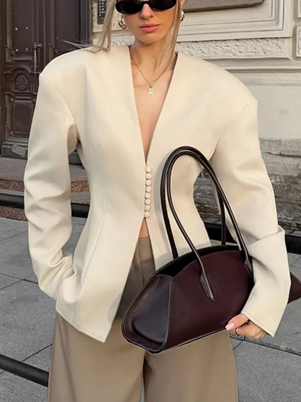 V-Neck Button-Up Blazer with Structured Shoulders - Lilixa.store