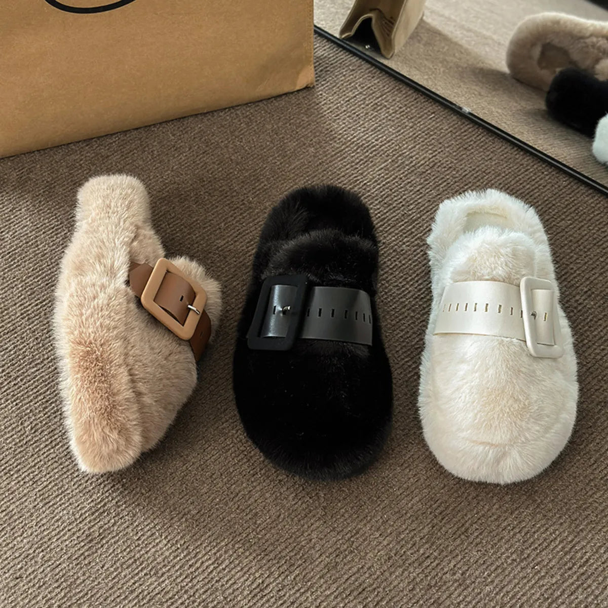Faux Fur Buckle Slippers - Lilixa.store