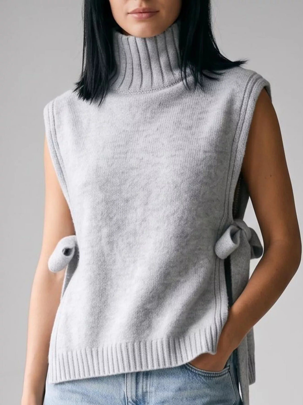 Turtleneck Side-Tie Knit Sweater Vest - Lilixa.store