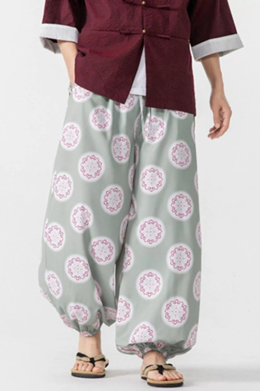 Men's Plus Size Printed Loose Fit Harem Pants in Sage
