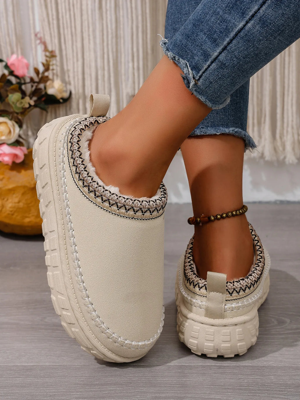 Embroidered Trim Round Toe Platform Boots, view 3
