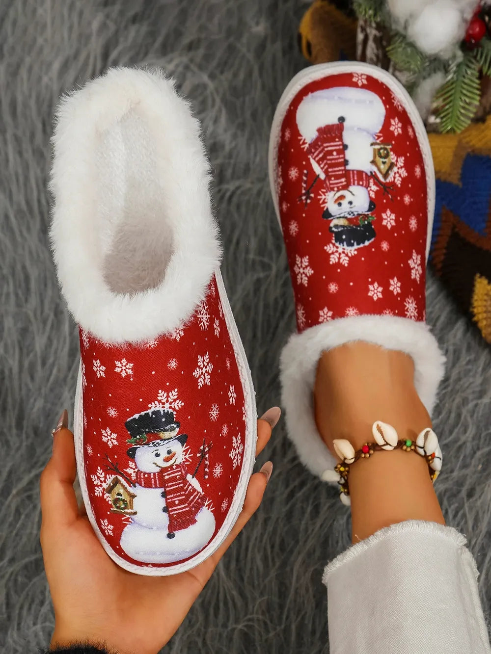 Snowman Print Flat Slippers with Faux Fur - Lilixa.store