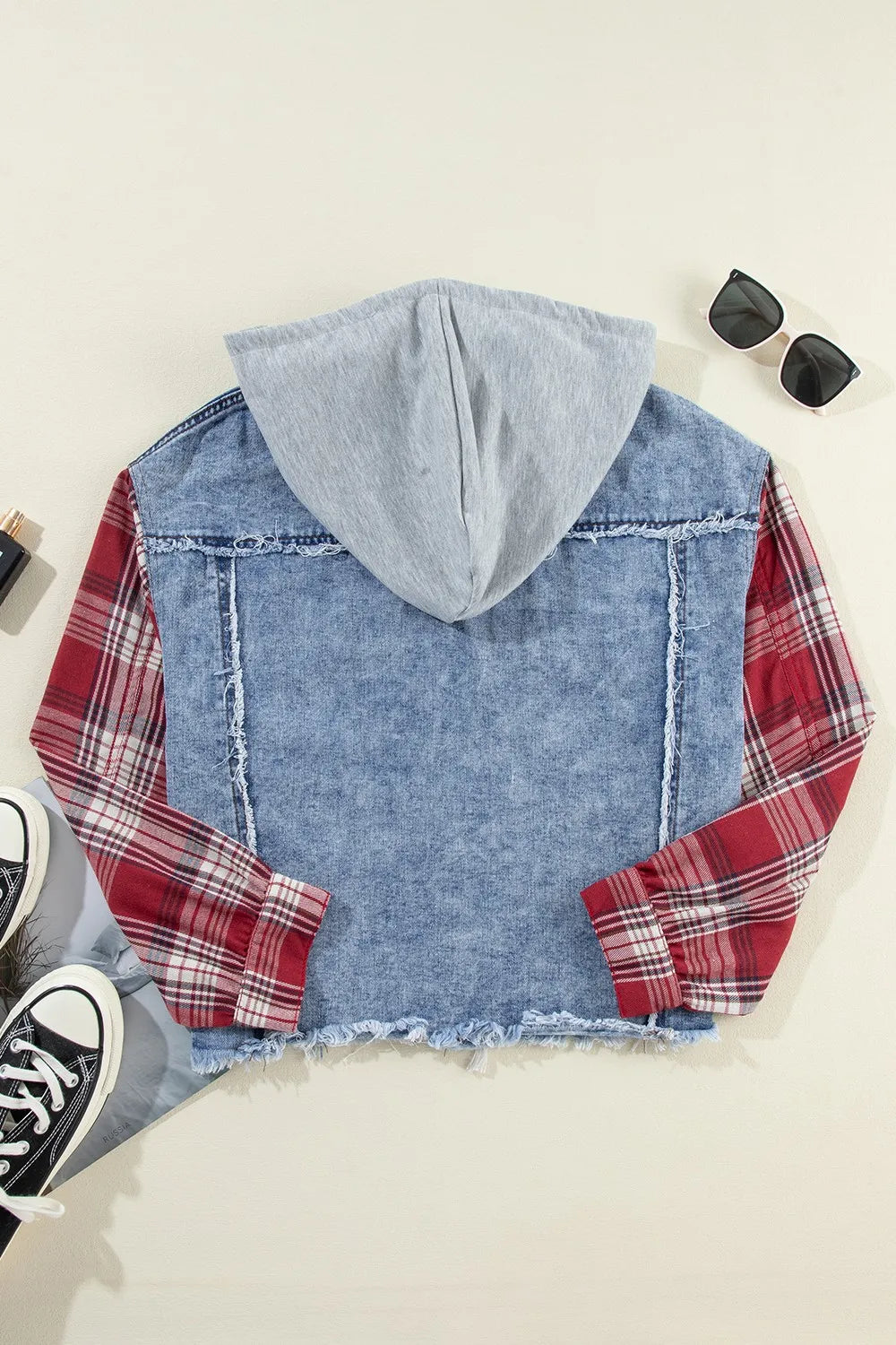 Raw Hem Drawstring Plaid Denim Jacket, view 6