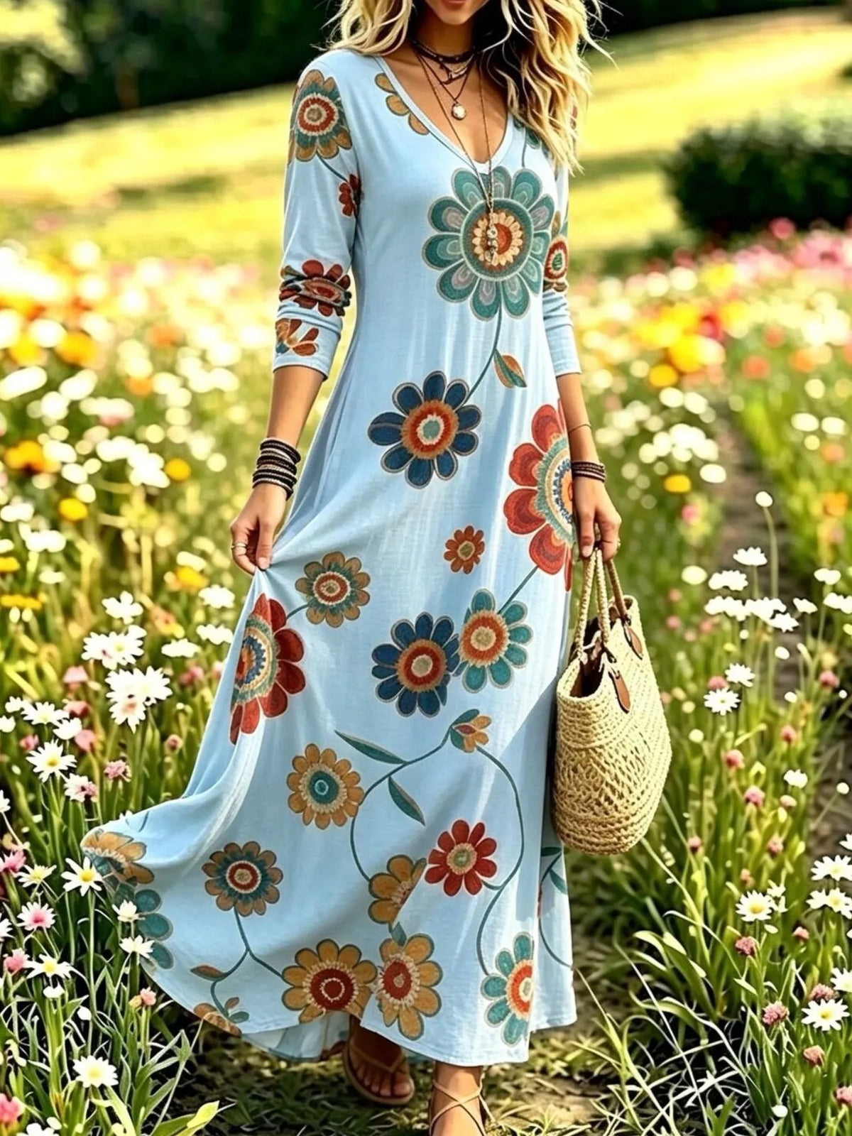 Floral Print V-Neck Long Sleeve Maxi Dress