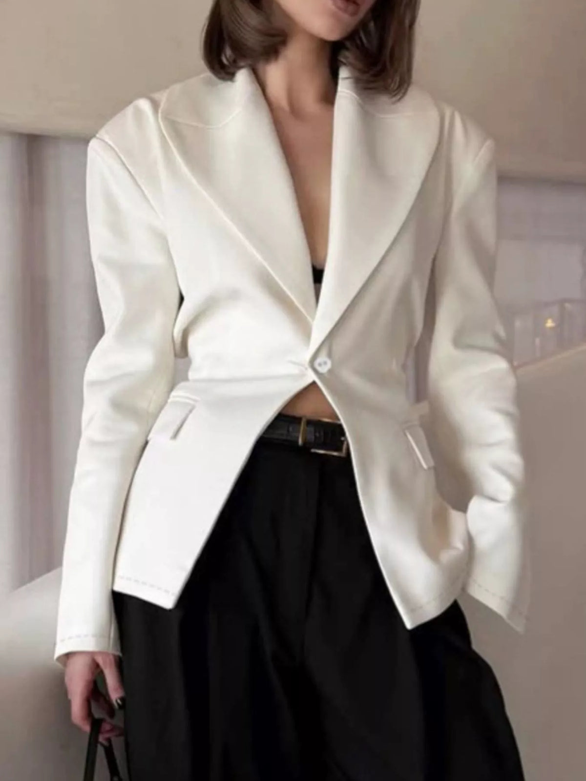 One Button Padded Shoulders Blazer - Lilixa.store