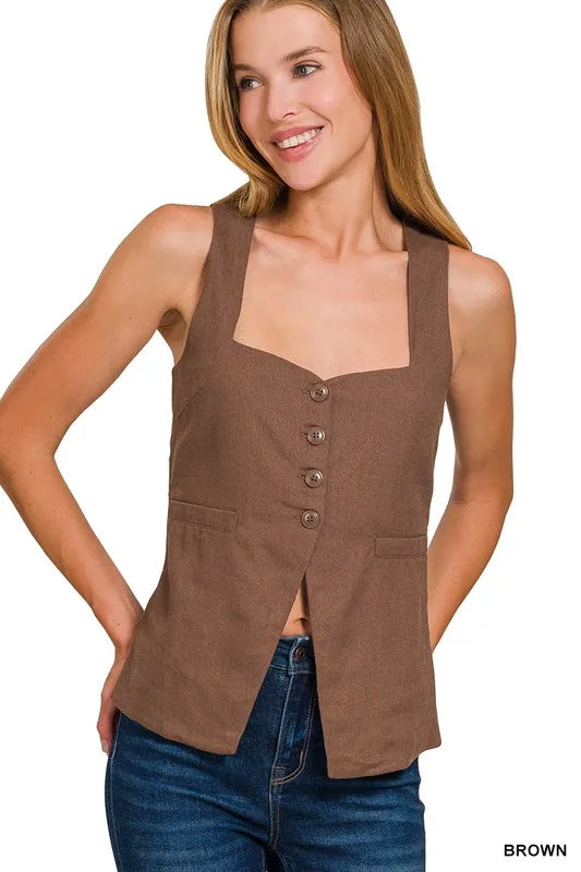 Zenana Linen Tie-back 4-button Vest with Lining in Brown