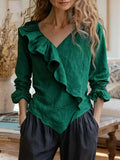 V-Neck Ruffled Long Sleeve Blouse - Lilixa.store