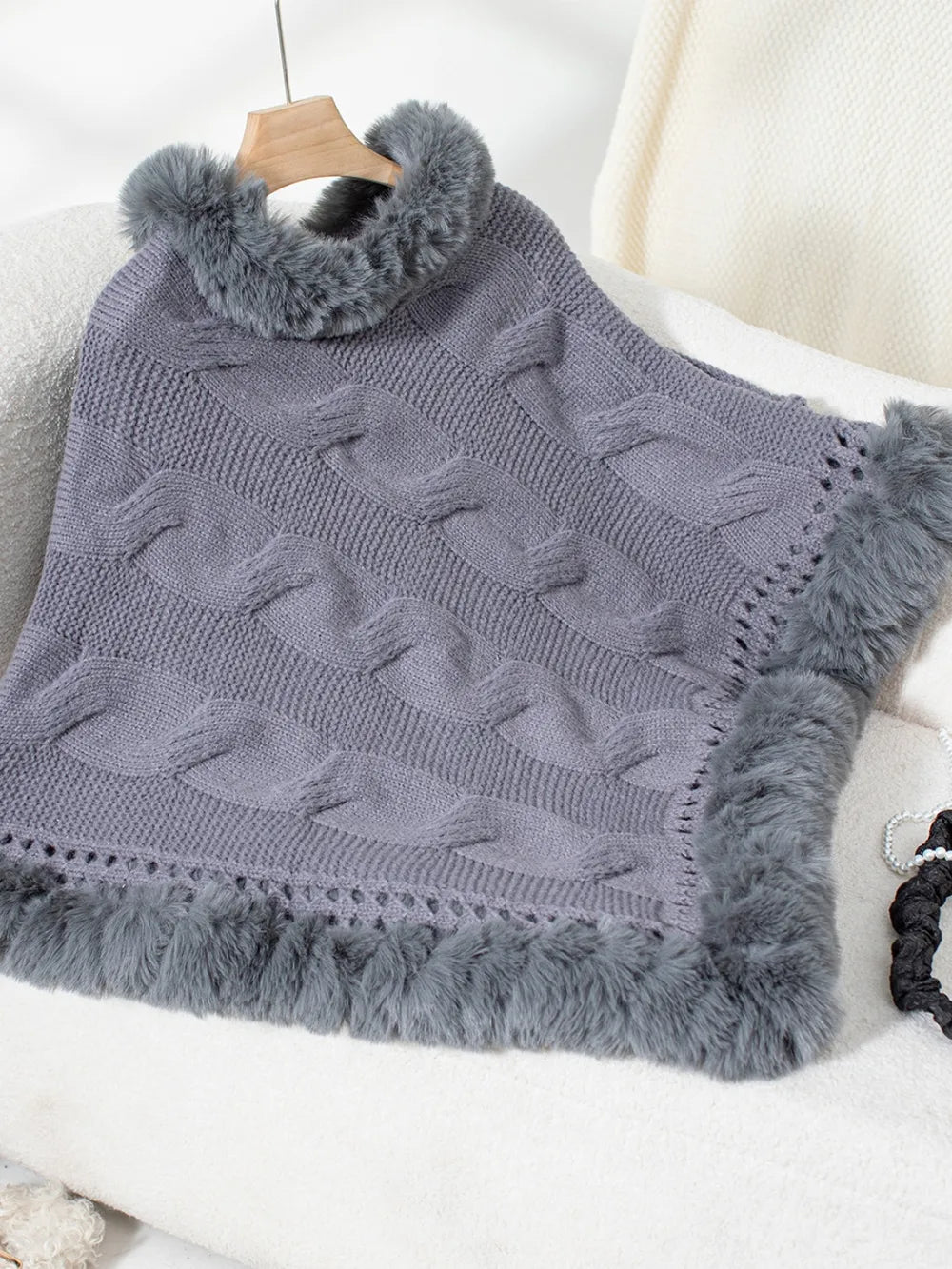 Fuzzy Hem Cable-Knit Poncho - Lilixa.store