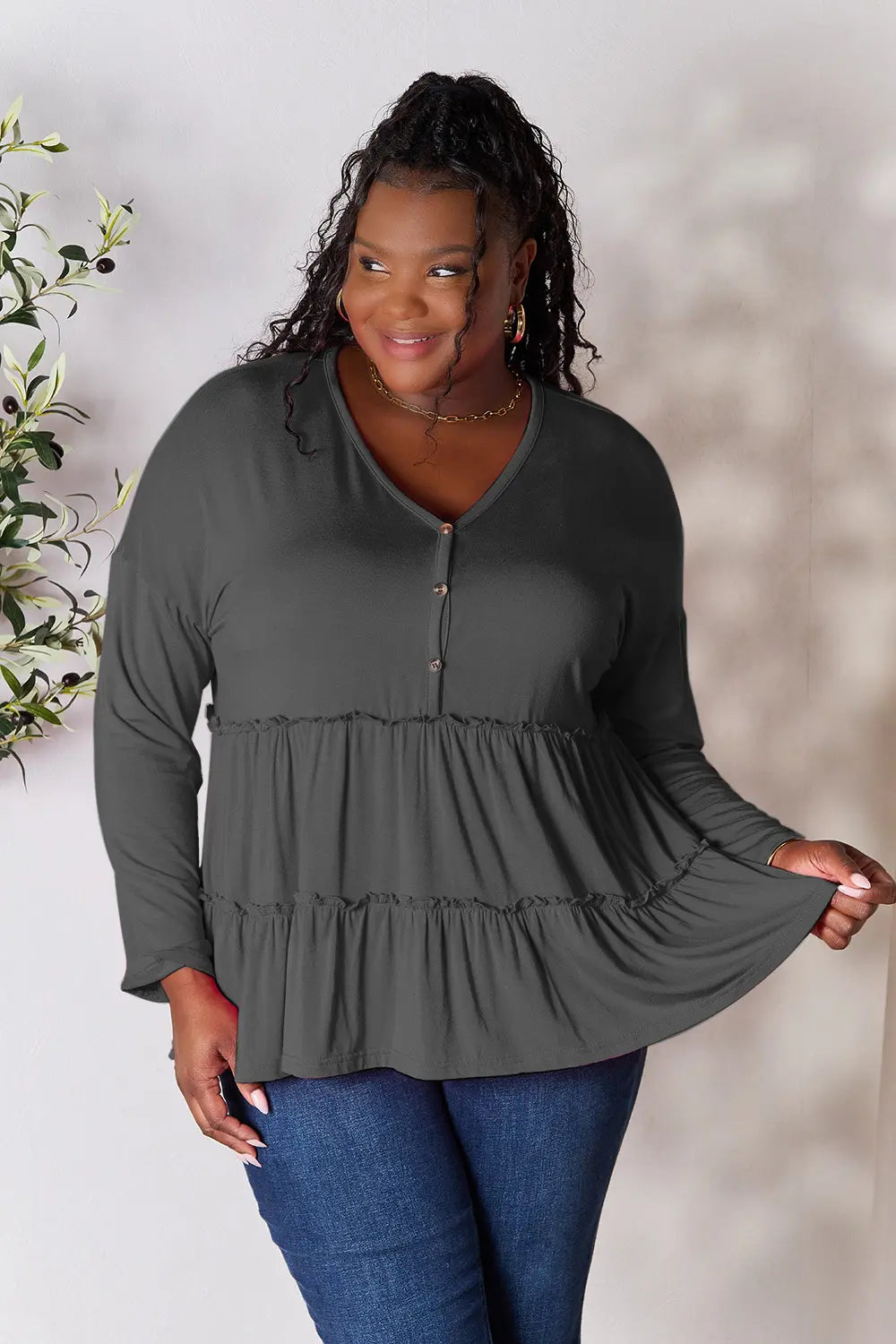 Double Take Half Button Long Sleeve Ruffle Hem Blouse - Lilixa.store