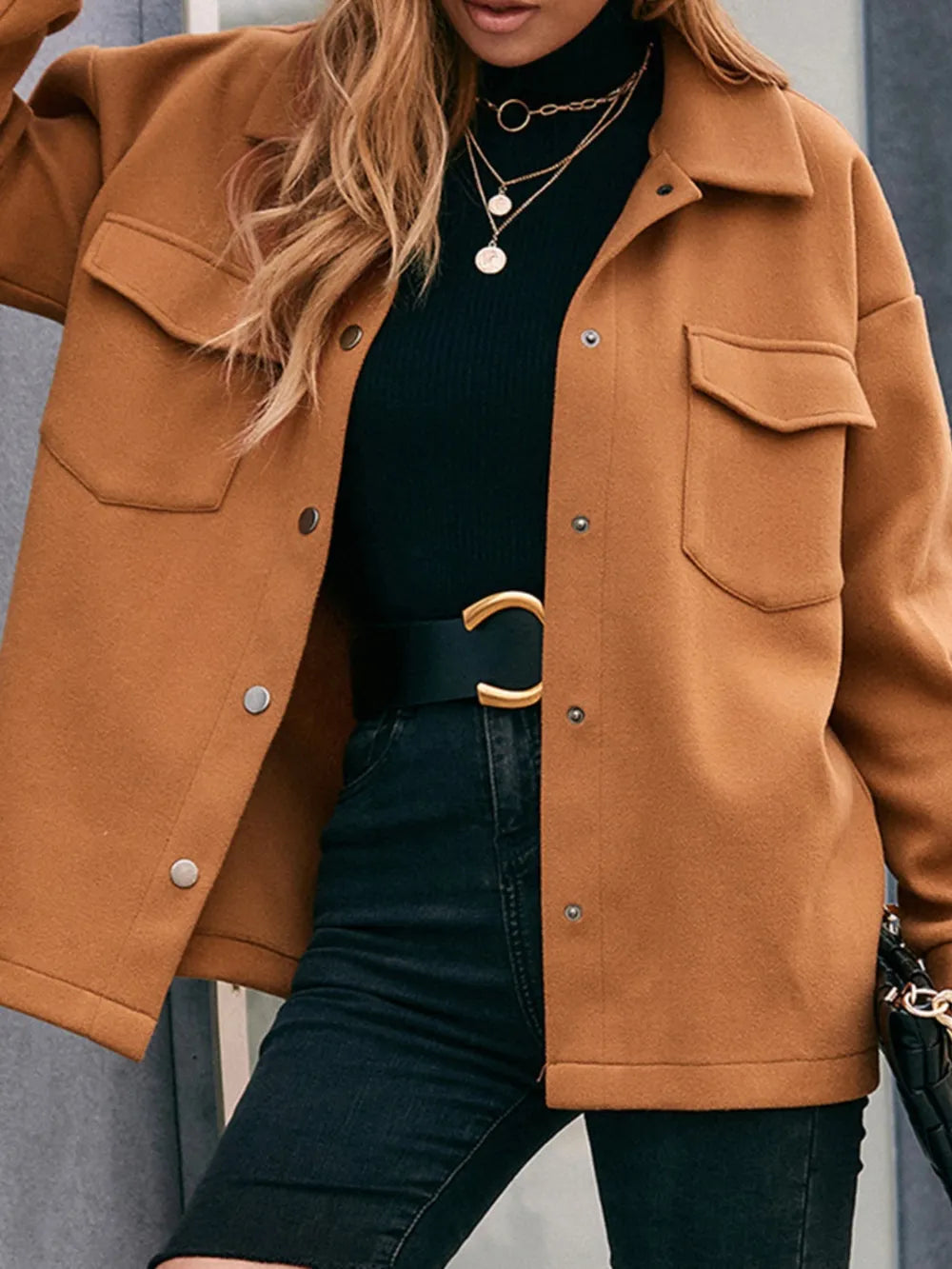 Ivy Lane Pocketed Snap Down Dropped Shoulder Jacket in Caramel, view 4