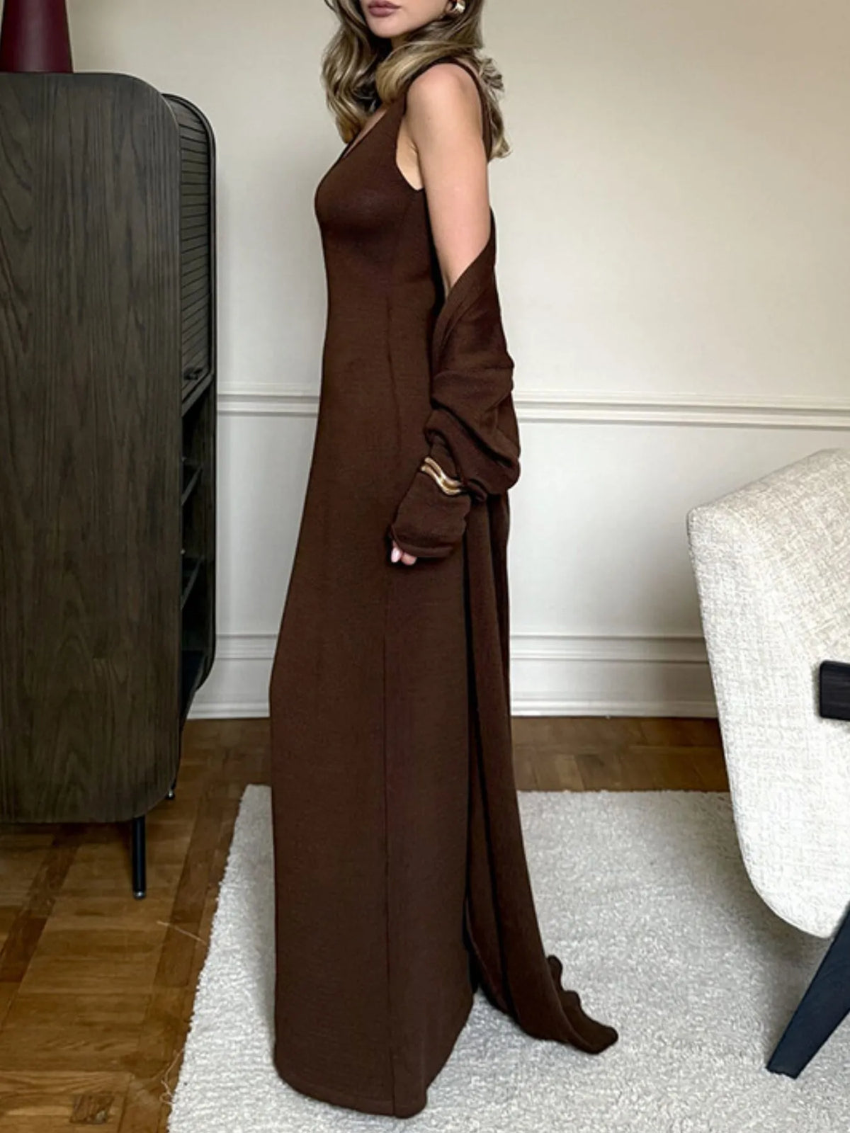 V-Neck Knit Dress and Cardigan Sweater Set in Coffee Brown