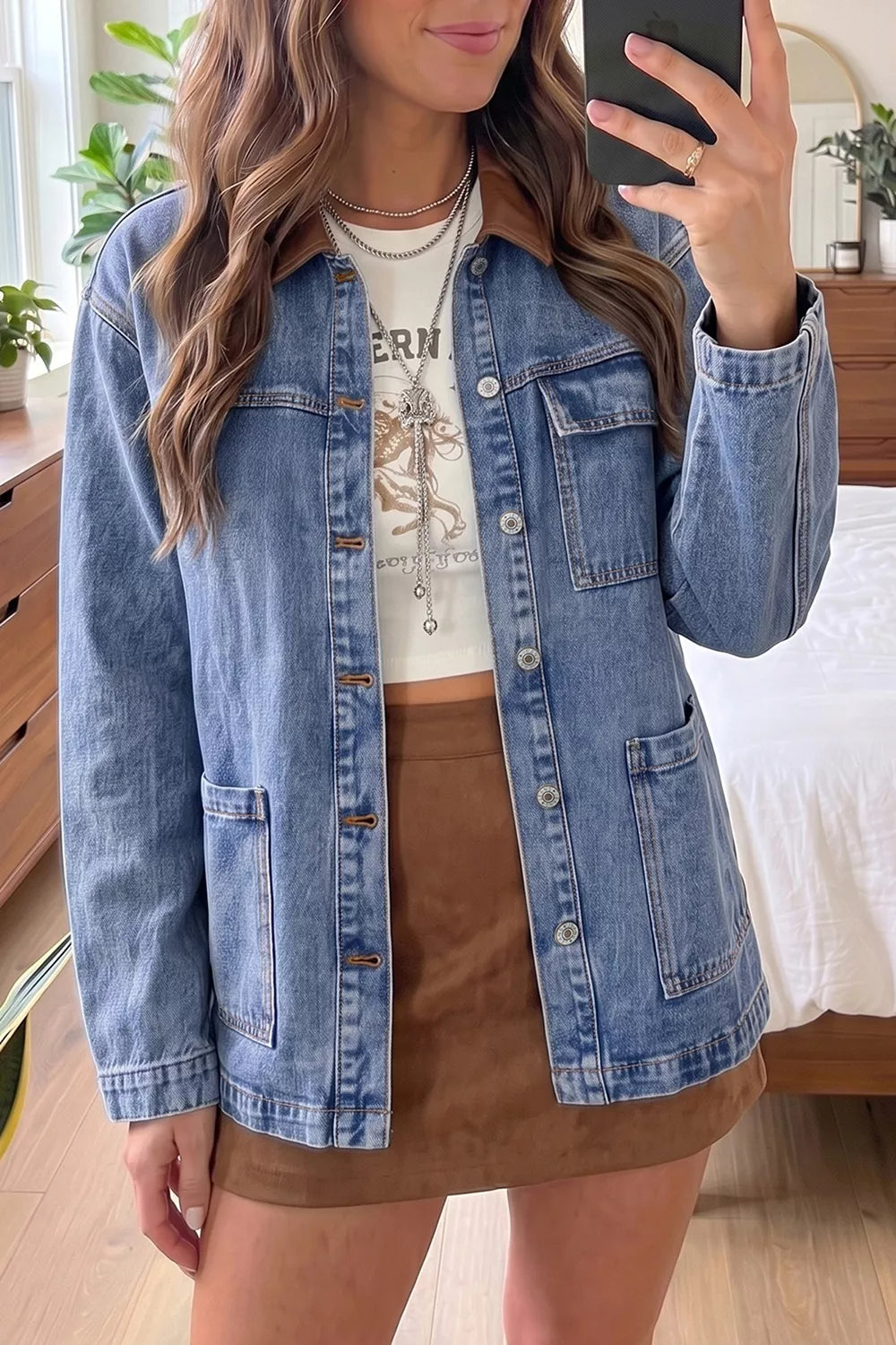 Patchwork Leather Collar Long Sleeve Denim Jacket in Dusty Blue