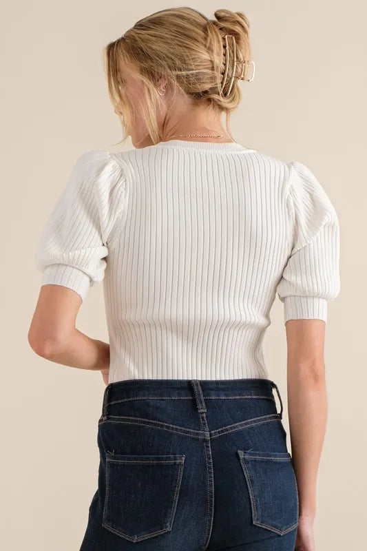 And The Why Puffed Half Sleeve Rib Basic Bodysuit - Lilixa.store