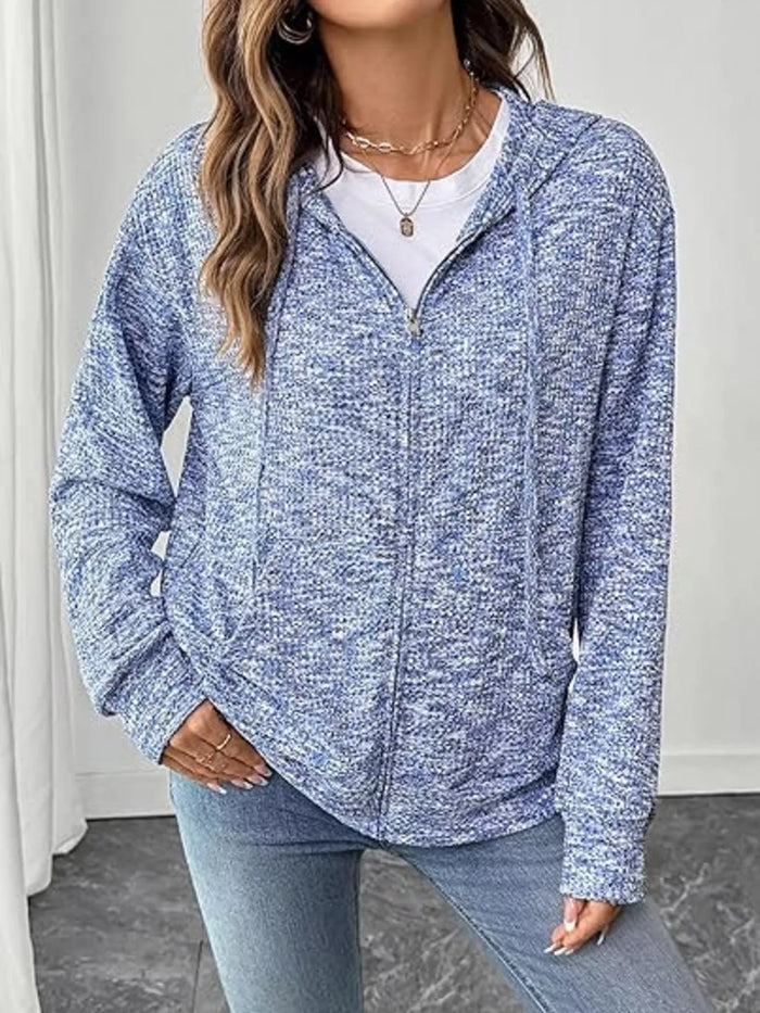 Zip-Up Drawstring Hooded Cardigan in Light Blue