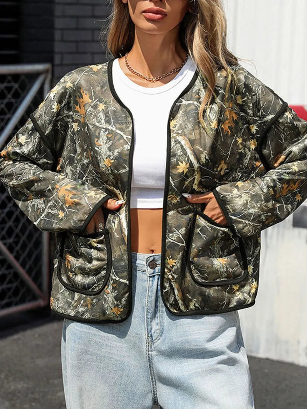 Perfee Printed Open Front Long Sleeve Jacket in Multicolor, view 4