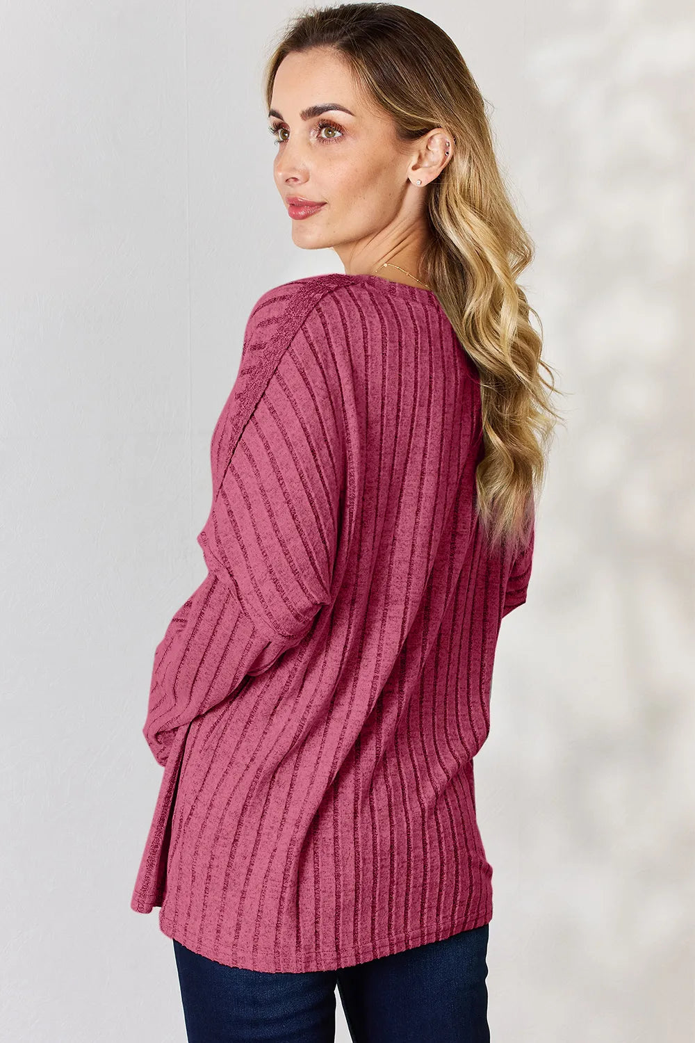 Basic Bae Full Size Ribbed Half Button Long Sleeve T-Shirt - Lilixa.store