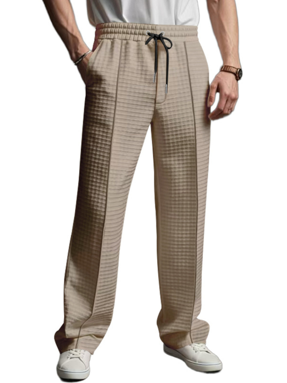 Men's Full Size Textured Drawstring Casual Pants Plus Size in Khaki