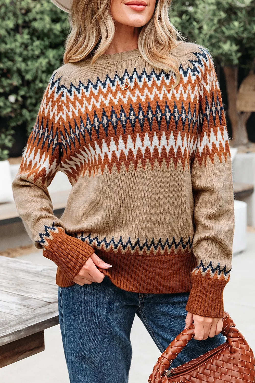 Geometric Pattern Long Sleeve Sweater - Lilixa.store