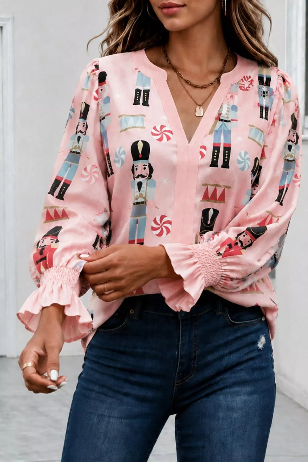 Nutcracker Print Notched Flounce Sleeve Blouse in Blush Pink, view 4