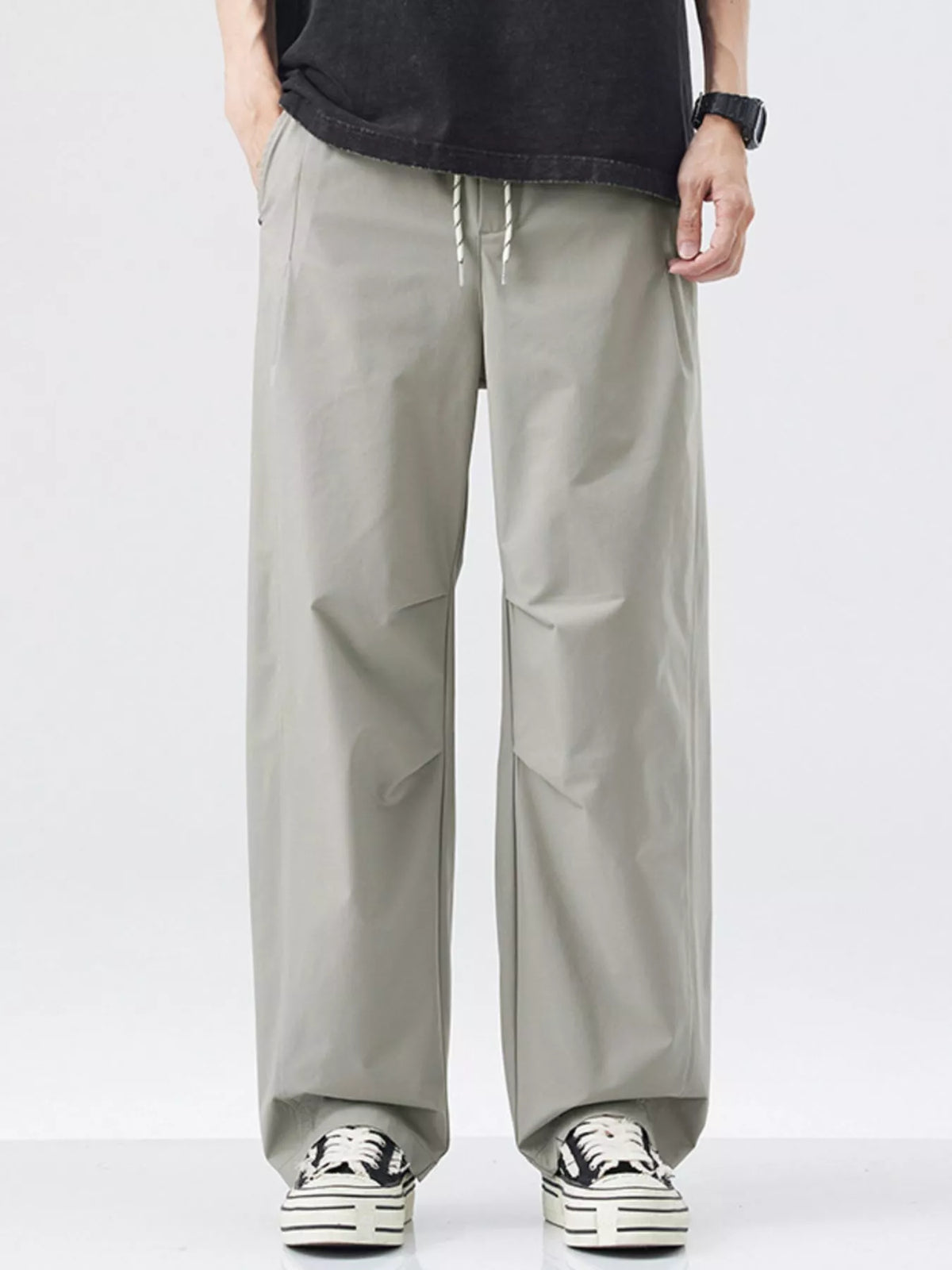 Men's Loose Fit Drawstring Cargo Pants in Light Gray