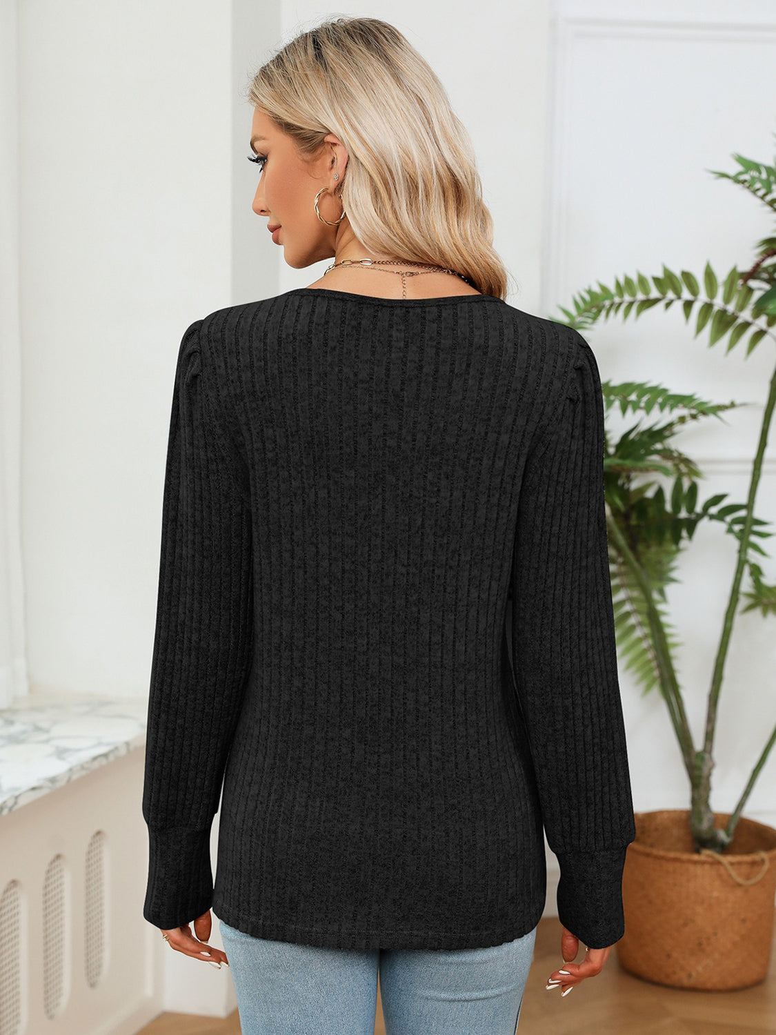 Lace Detail V-Neck Ribbed Blouse, view 4