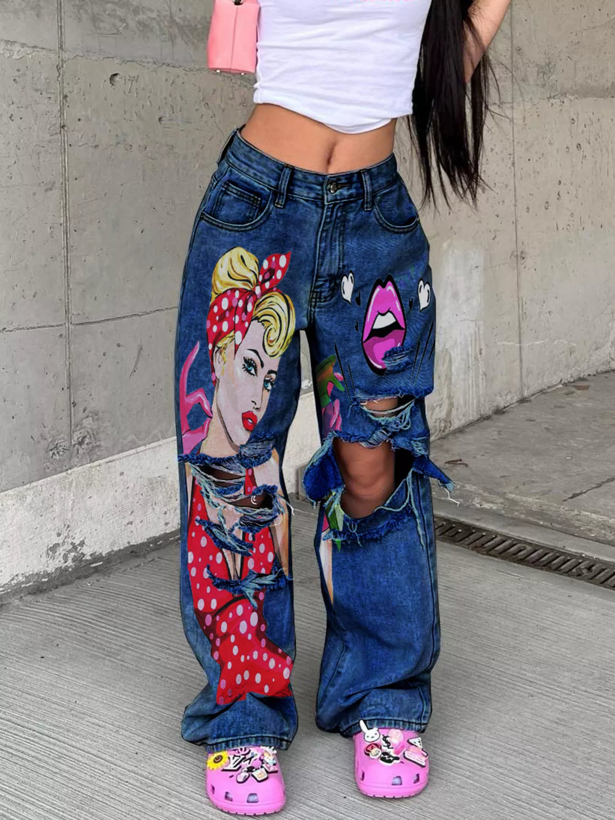 Full Size Art Print Distressed Wide-Leg Jeans Plus Size - Lilixa.store
