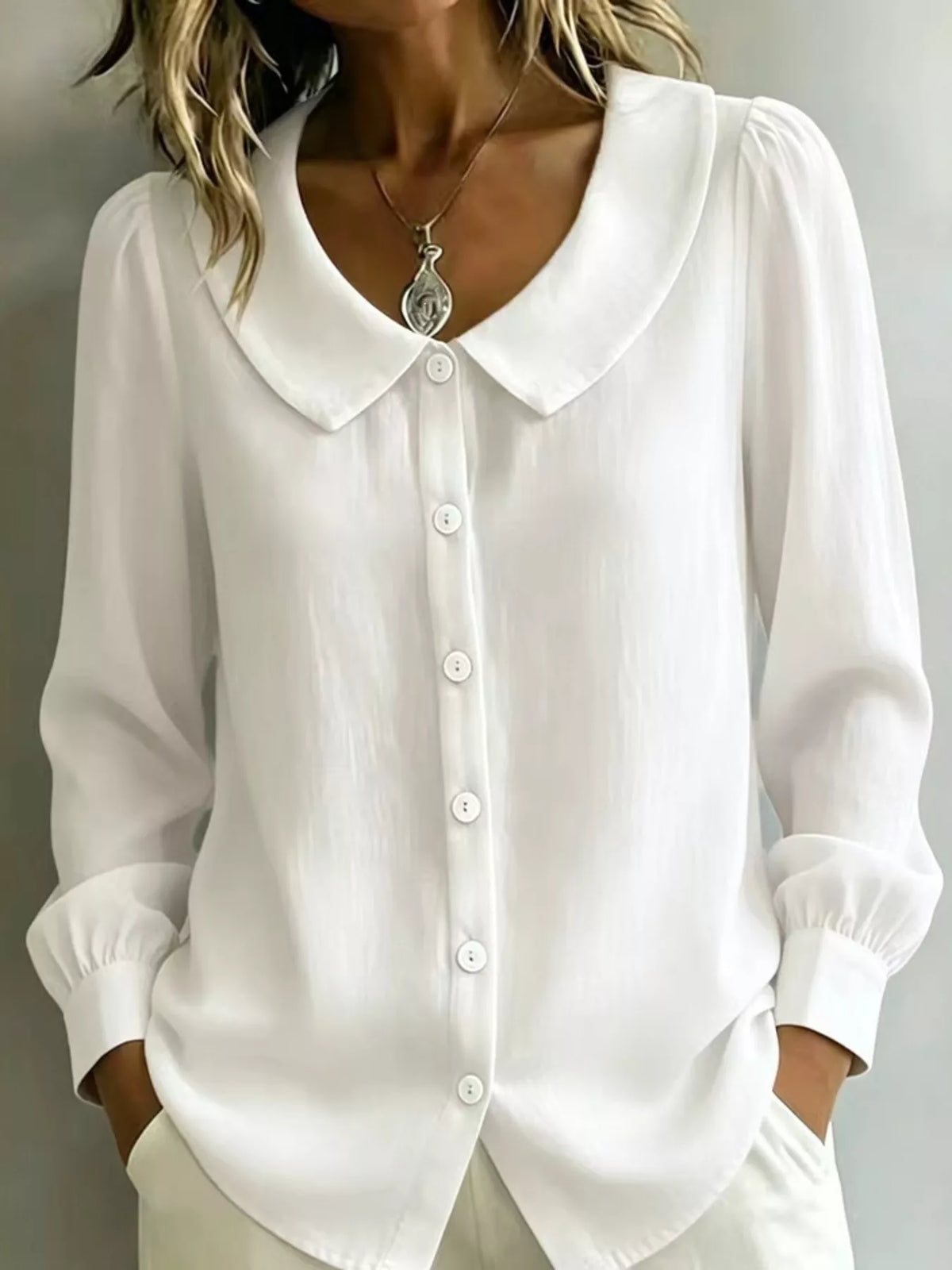 Full Size Peter Pan Collar Button-Down Shirt Plus Size - Lilixa.store