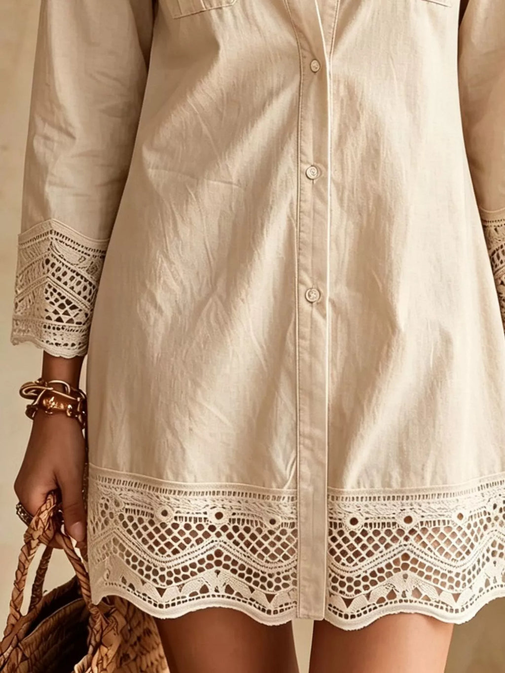 Button-Down Shirt Dress with Lace Trim - Lilixa.store