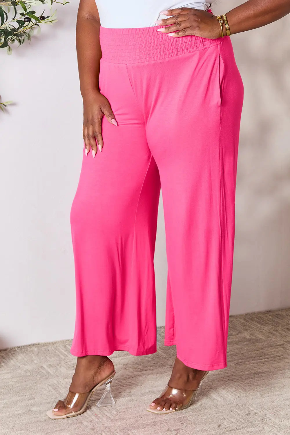 Basic Bae Full Size Smocked Wide Waistband Wide Leg Pants - Lilixa.store