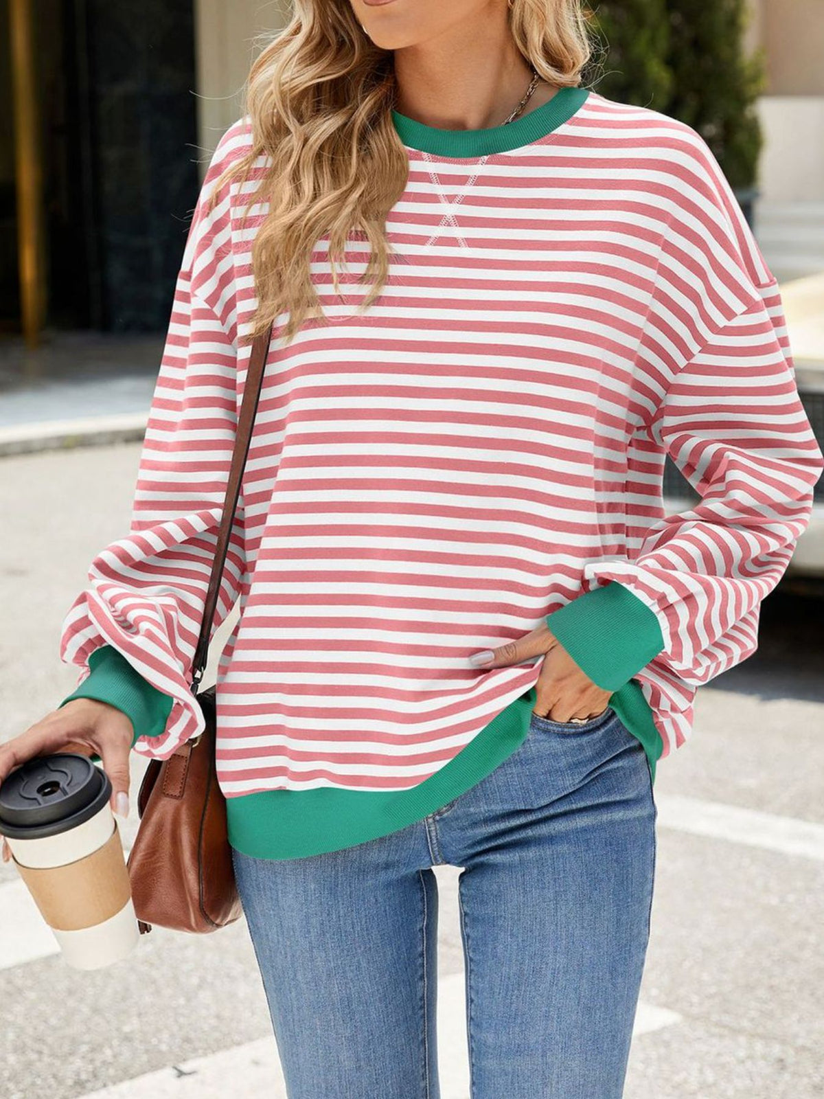 Striped Crew Neck Long Sleeve Sweatshirt - Lilixa.store