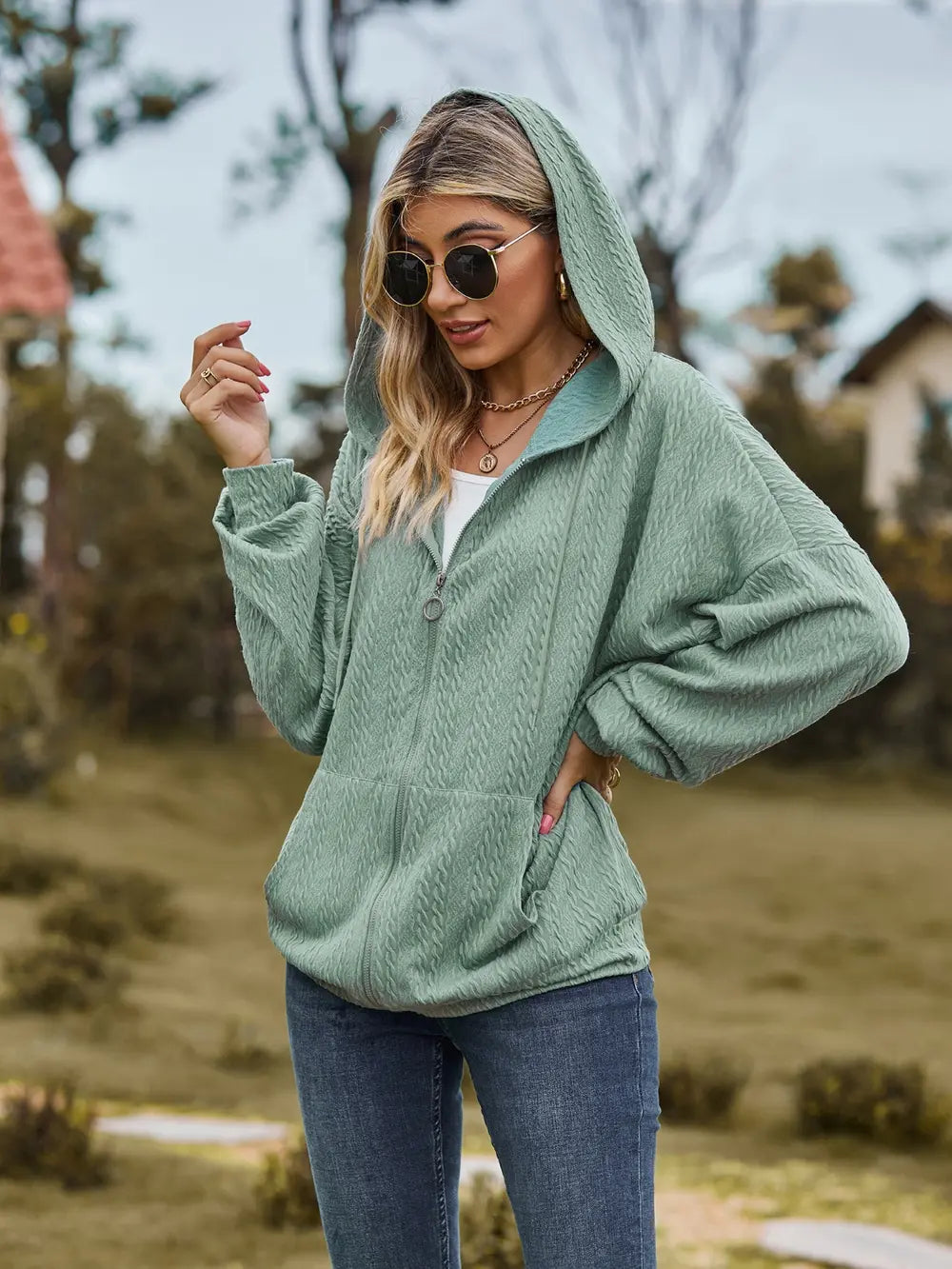 Zip Up Drawstring Long Sleeve Hooded Jacket, view 3