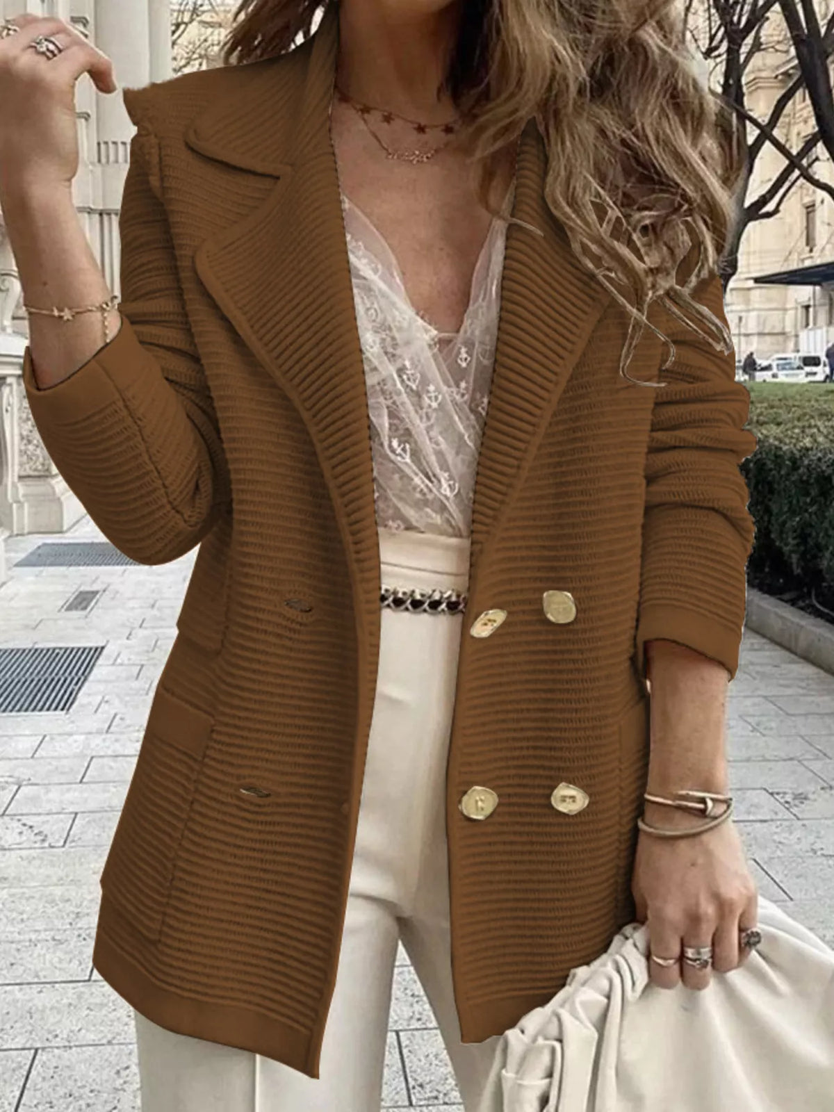 Texture Knit Double-Breasted Blazer - Lilixa.store