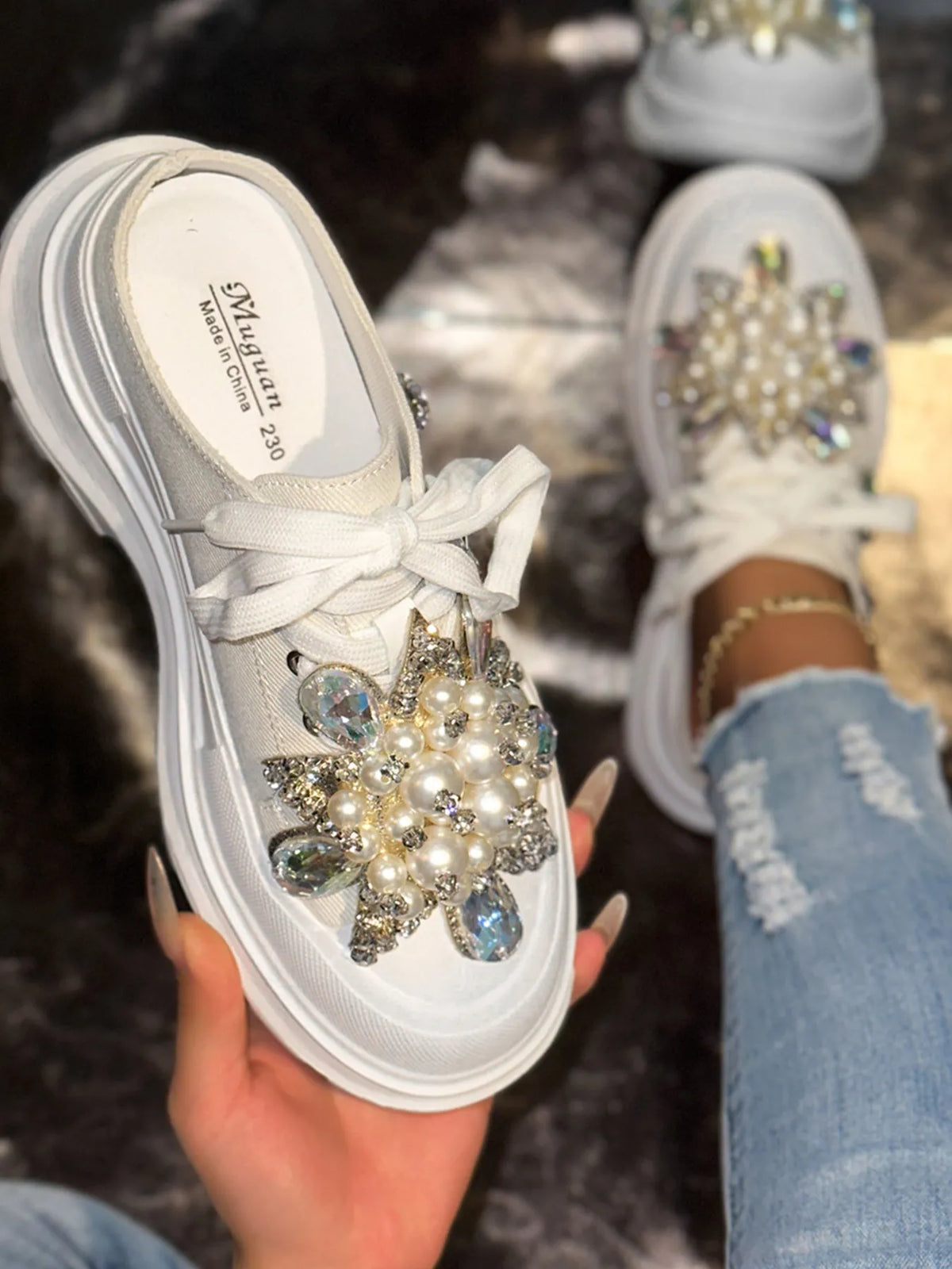 Pearl Embellished Platform Slip-Ons, view 7