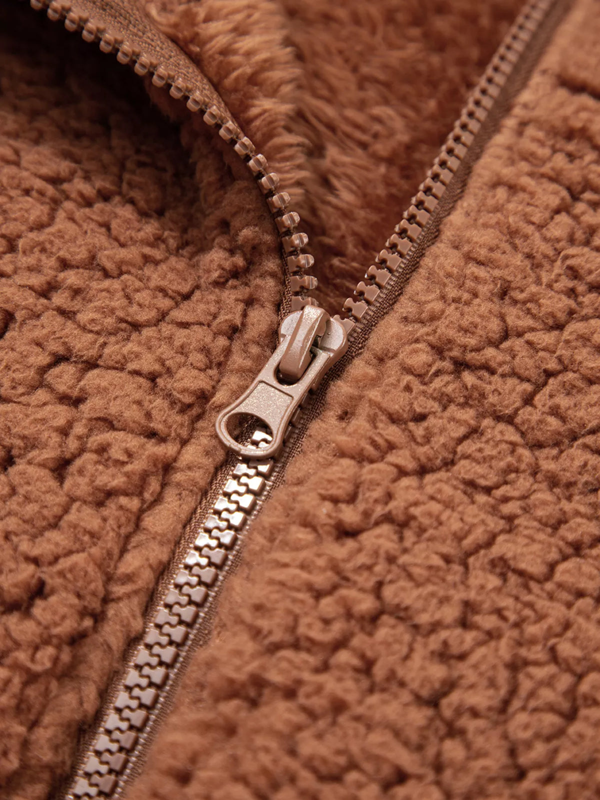 Zip Up Hooded Sherpa Jacket in Caramel, view 12