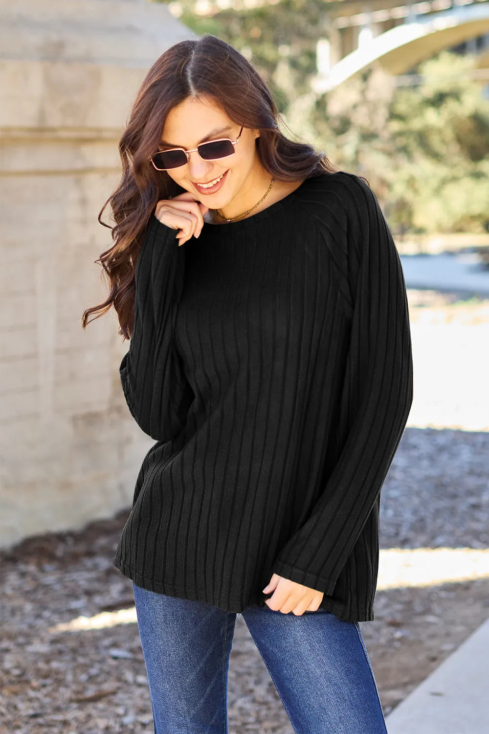 Basic Bae Full Size Ribbed Round Neck Long Sleeve Knit Top - Lilixa.store