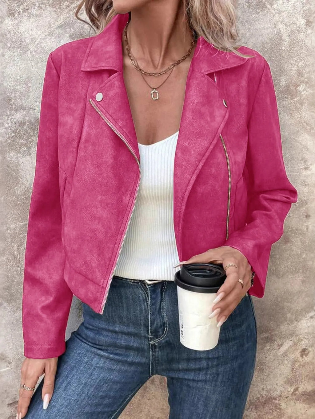 Zip Up Suede Cropped Moto Jacket in Hot Pink